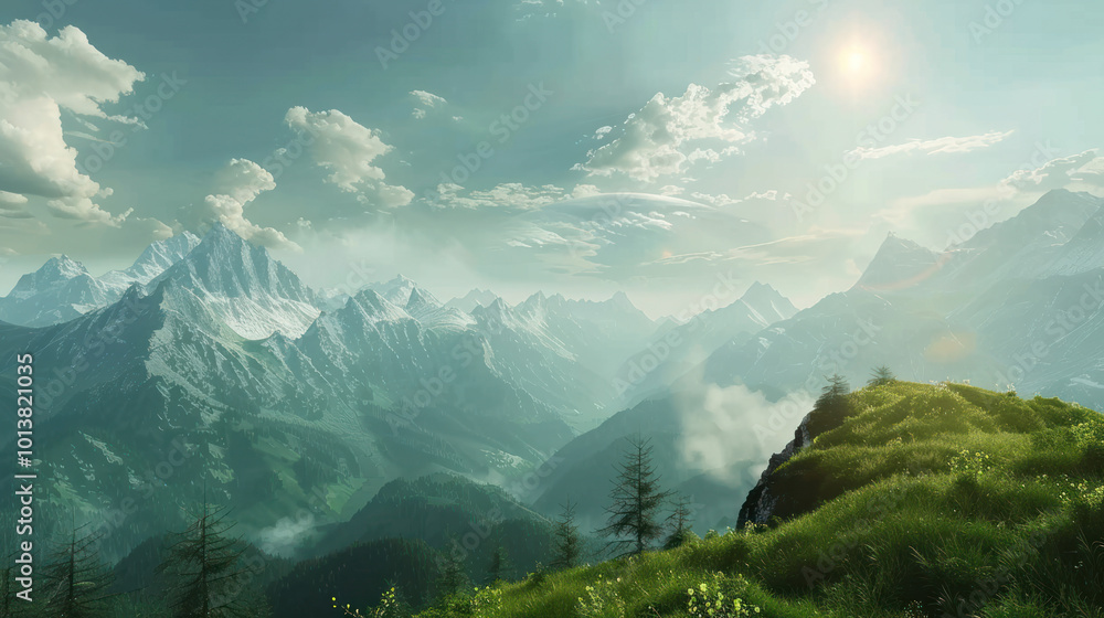 Obraz premium A peaceful mountain landscape with calming views of distant peaks, perfect for therapeutic environments