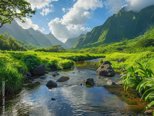 A peaceful valley nestled between mountains, with a clear stream running through lush greenery photo