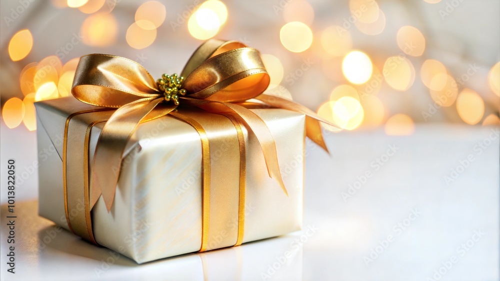 Gift box with golden ribbon and bow Gift box with golden ribbon and bow