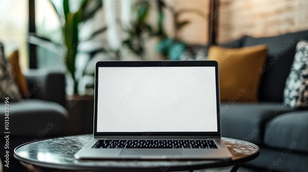 Laptop with Blank Screen on Coffee Table in Living Room. Mockup Laptop with Blank Screen on Coffee Table in Living Room. Mockup