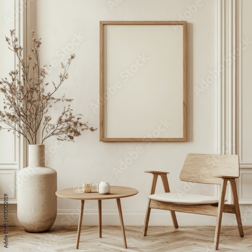 A minimalist room features an armchair, round wooden table, neutral tones, a large vase with branches, and a framed artwork.