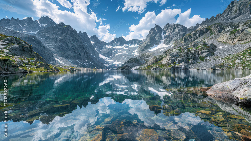 Obraz premium A pristine alpine lake with towering snow-capped mountains reflected in the water, untouched by human presence