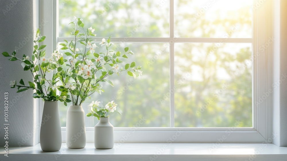 A minimalist balcony window with one or two simple flower vases, sunlight streaming through, highlighting the elegant, modern decor. A minimalist balcony window with one or two simple flower vases, sunlight streaming through, highlighting the elegant, modern decor.