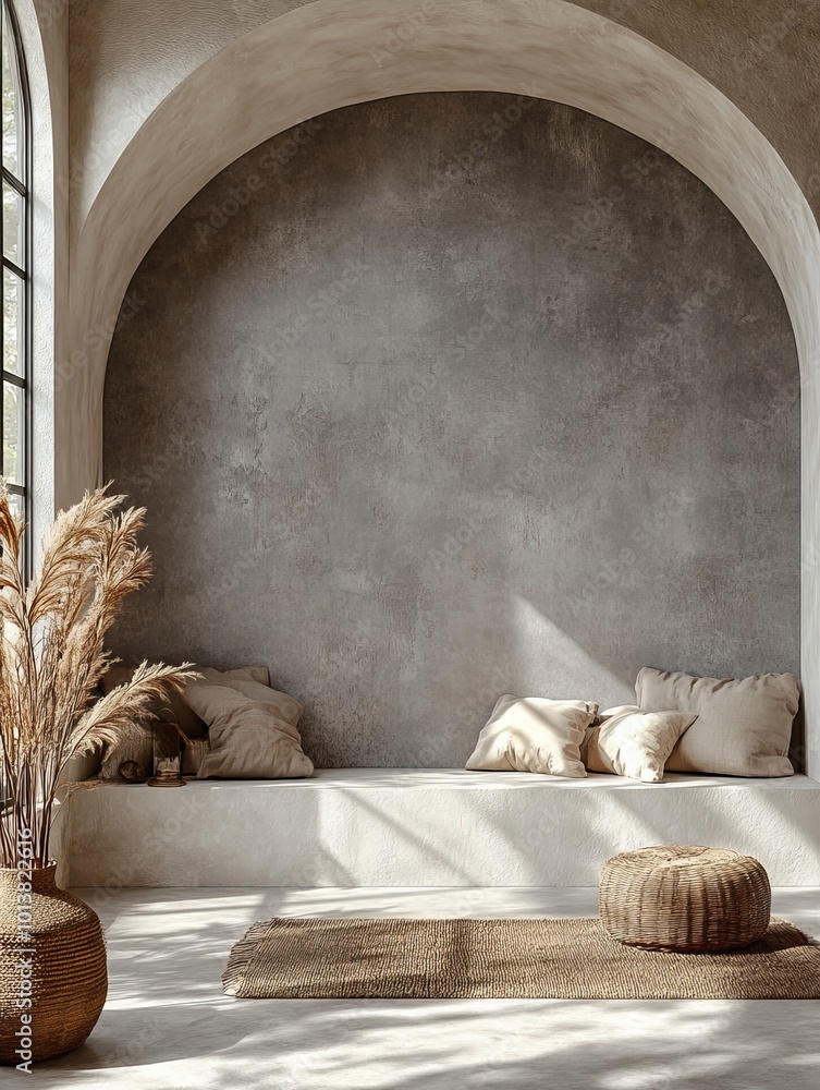 Obraz premium A charming nook with arches features comfy pillows, textured walls, and abundant natural light, offering tranquility and modern style.