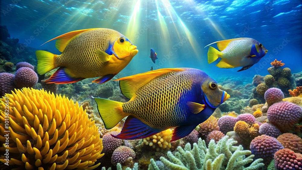 Vibrant Angelfish Swimming in Coral Garden Vibrant Angelfish Swimming in Coral Garden