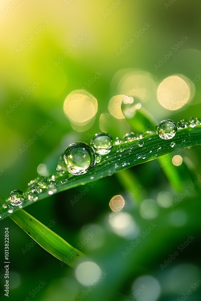 Dew Drops on Green Grass Blade, Macro Photography Dew Drops on Green Grass Blade, Macro Photography