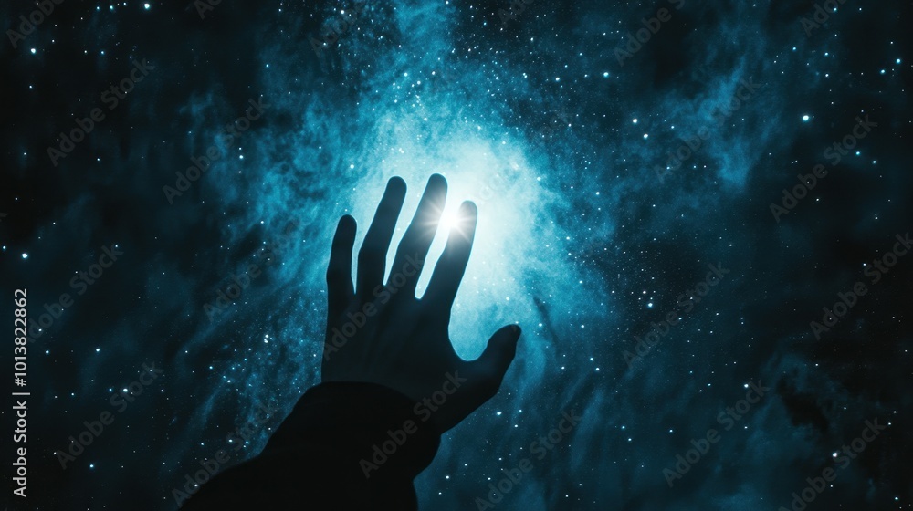 Hand reaching out toward a bright, distant star, symbolizing aspiration, ambition, and the endless reach of the human mind. Hand reaching out toward a bright, distant star, symbolizing aspiration, ambition, and the endless reach of the human mind.