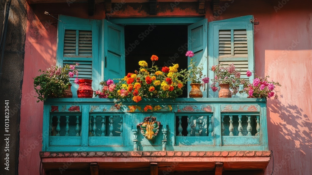 A vibrant Indian balcony window adorned with flower vases, bathed in soft sunlight, highlighting its cultural and artistic beauty. A vibrant Indian balcony window adorned with flower vases, bathed in soft sunlight, highlighting its cultural and artistic beauty.