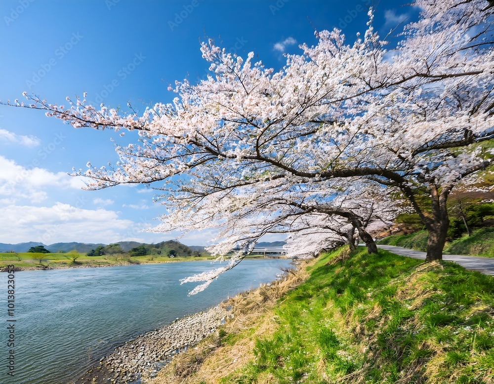 wide angled shot of a cherry blossom tree on a river wide angled shot of a cherry blossom tree on a river