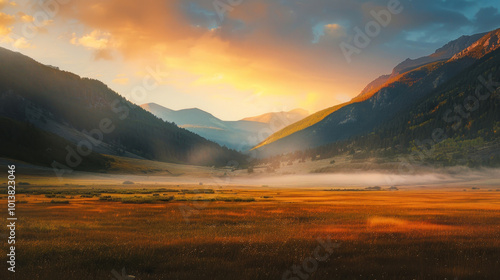 A quiet mountain valley at dawn, with the first rays of sunlight breaking through the mist