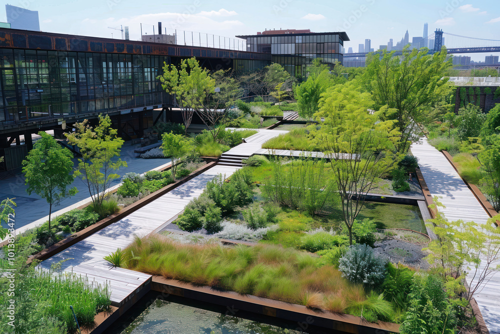 Fototapeta premium A reclaimed industrial area transformed into a green park, blending modern landscape design with nature