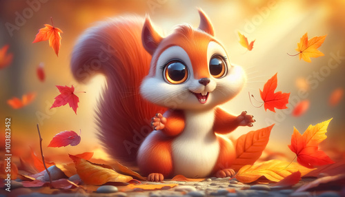 Cute cartoon of a baby squirrel for illustrations for children. Autumn colors