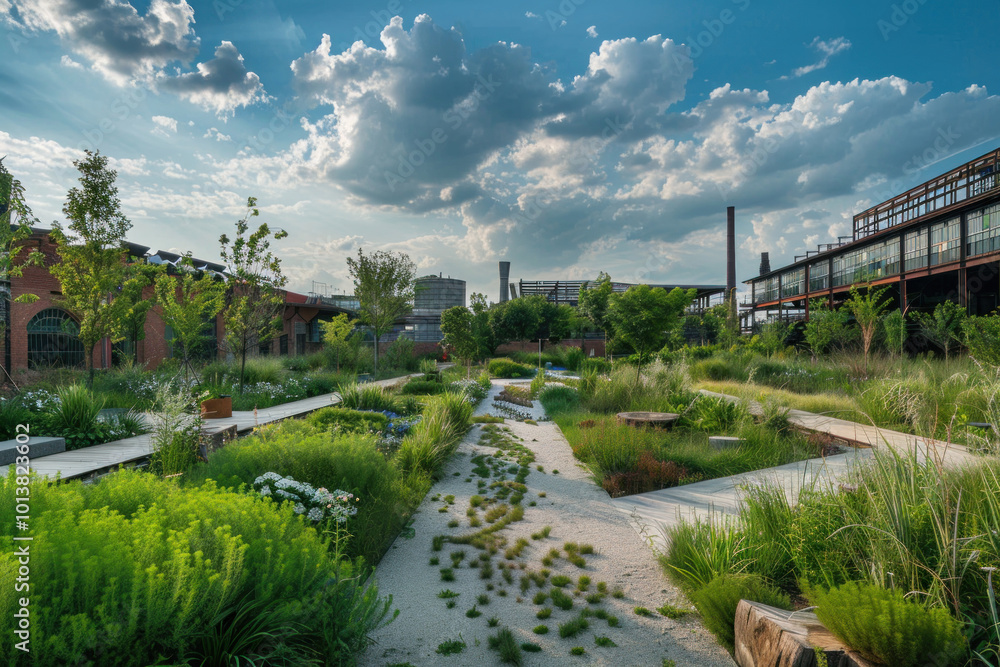 A reclaimed industrial area transformed into a green park, blending modern landscape design with nature A reclaimed industrial area transformed into a green park, blending modern landscape design with nature