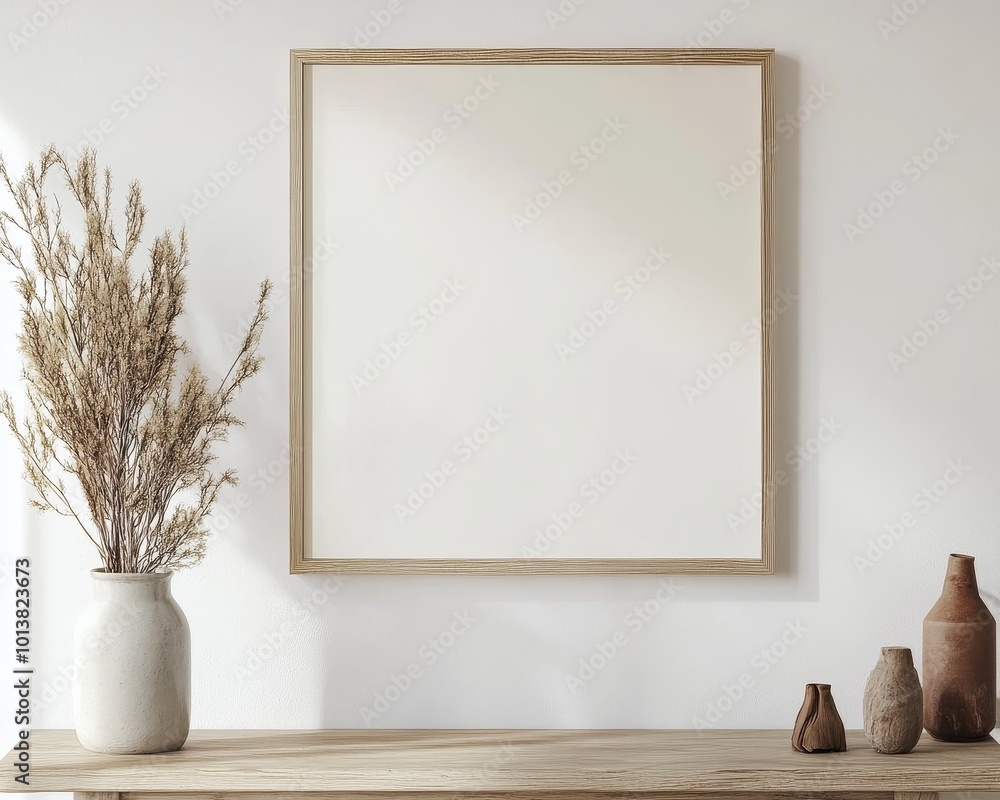 An empty wooden frame is mounted on a wall, surrounded by vases and dried plants, creating an earthy, natural look. An empty wooden frame is mounted on a wall, surrounded by vases and dried plants, creating an earthy, natural look.