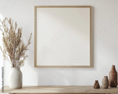 An empty wooden frame is mounted on a wall, surrounded by vases and dried plants, creating an earthy, natural look.