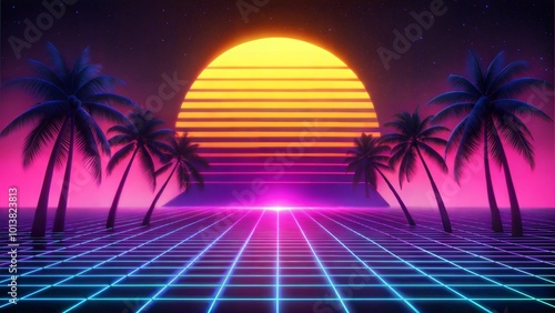 Retro neon background, sun behind the horizon