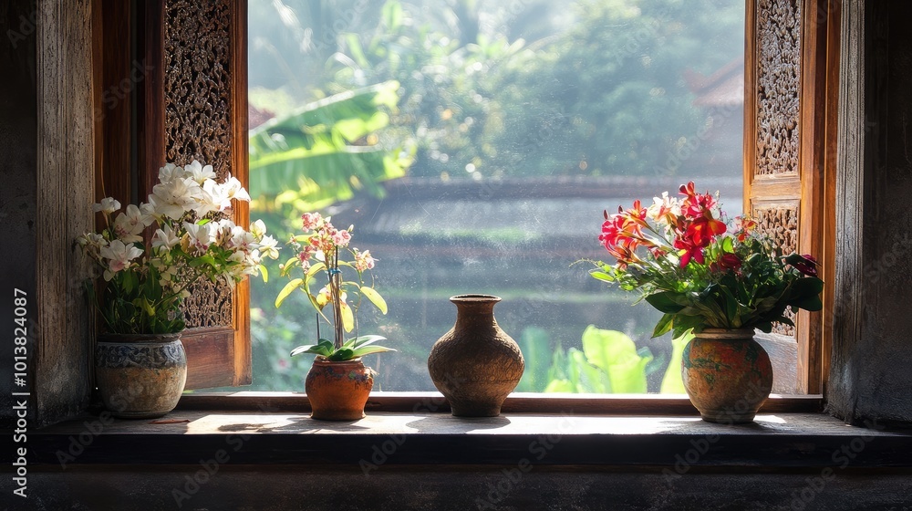 Bali balcony window adorned with flower vases, with sunlight streaming through, casting a peaceful and elegant vibe. Bali balcony window adorned with flower vases, with sunlight streaming through, casting a peaceful and elegant vibe.