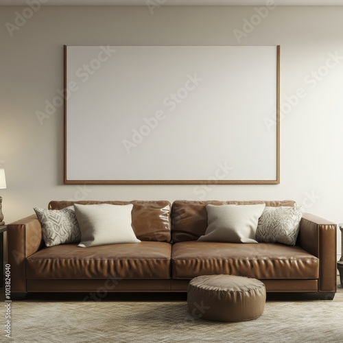 This modern living room features a large blank canvas above a luxurious brown leather sofa, complete with decorative pillows and a cozy rug. photo