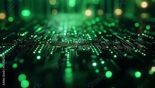 A close-up view of a futuristic green circuit board, showcasing glowing lights and intricate patterns, representing technology and digital innovation.