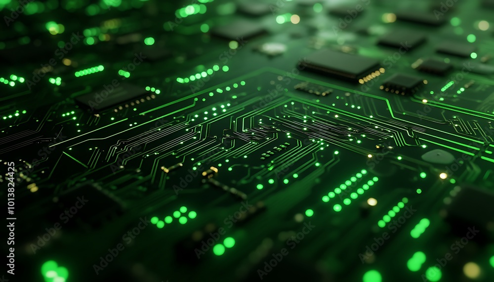 A close-up view of a green circuit board, featuring intricate patterns of electronic components and glowing green lights. A close-up view of a green circuit board, featuring intricate patterns of electronic components and glowing green lights.