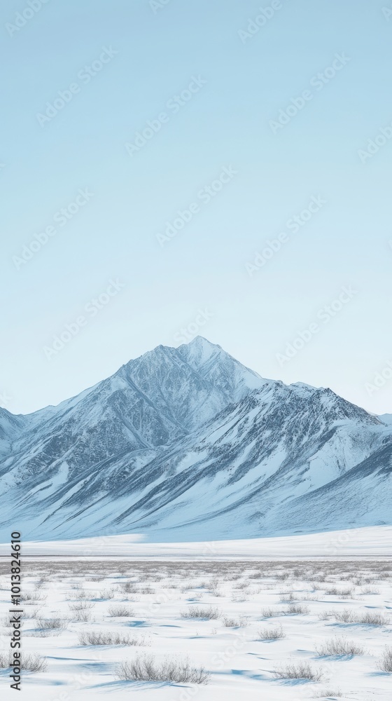 Snowy Plains with Majestic Mountain Peak, a minimalist scene showcasing expansive white landscapes under a clear blue sky, serene and tranquil atmosphere Snowy Plains with Majestic Mountain Peak, a minimalist scene showcasing expansive white landscapes under a clear blue sky, serene and tranquil atmosphere