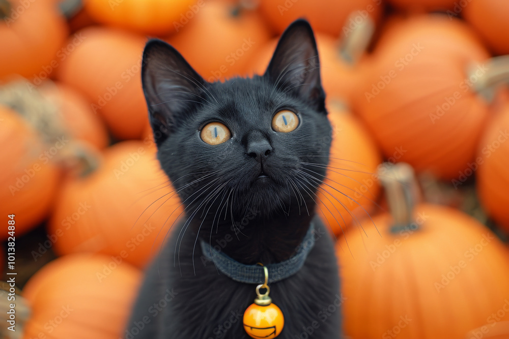 A black cat is standing in front of pumpkins A black cat is standing in front of pumpkins