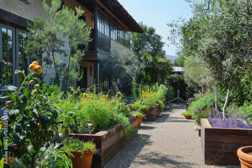 Fototapeta Naklejka Na Ścianę i Meble -  A residential garden designed with edible plants, fruit trees, and herbs, blending aesthetics with functionality