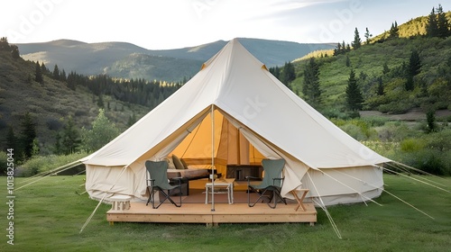 Glamping Tent in Mountain Landscape with Wooden Deck and Chairs