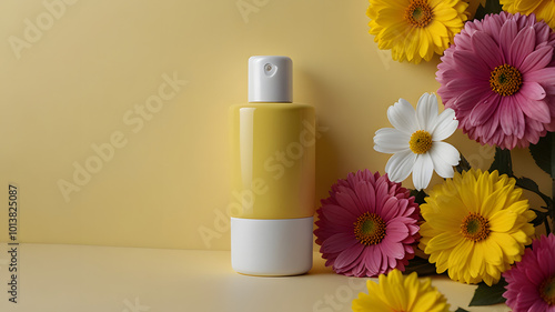 Cosmetic bottle with dispenser on yellow background on right side Flower arrangement yellow and pink theme