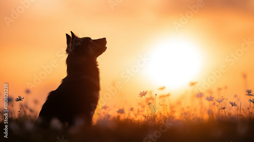 Silhouette of a dog standing tall, overlaid with a field of flowers and warm sunlight, symbolizing the gentle side of nature