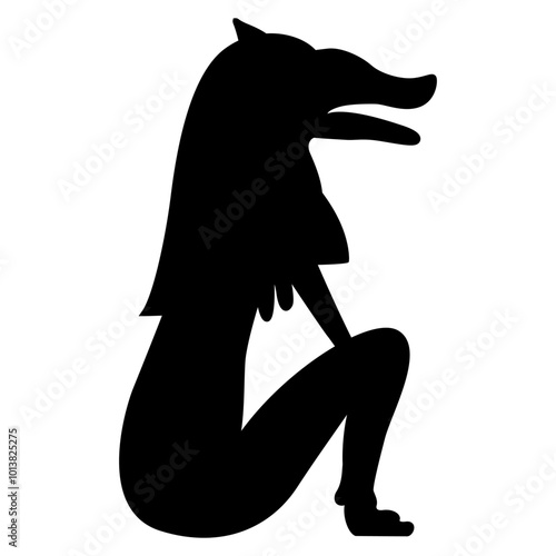 Seated pharaoh fox. Ancient Egyptian animal design. Black silhouette on white background.