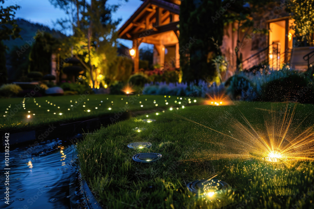 A residential landscape with smart sensors that adjust watering, lighting, and weather monitoring systems A residential landscape with smart sensors that adjust watering, lighting, and weather monitoring systems