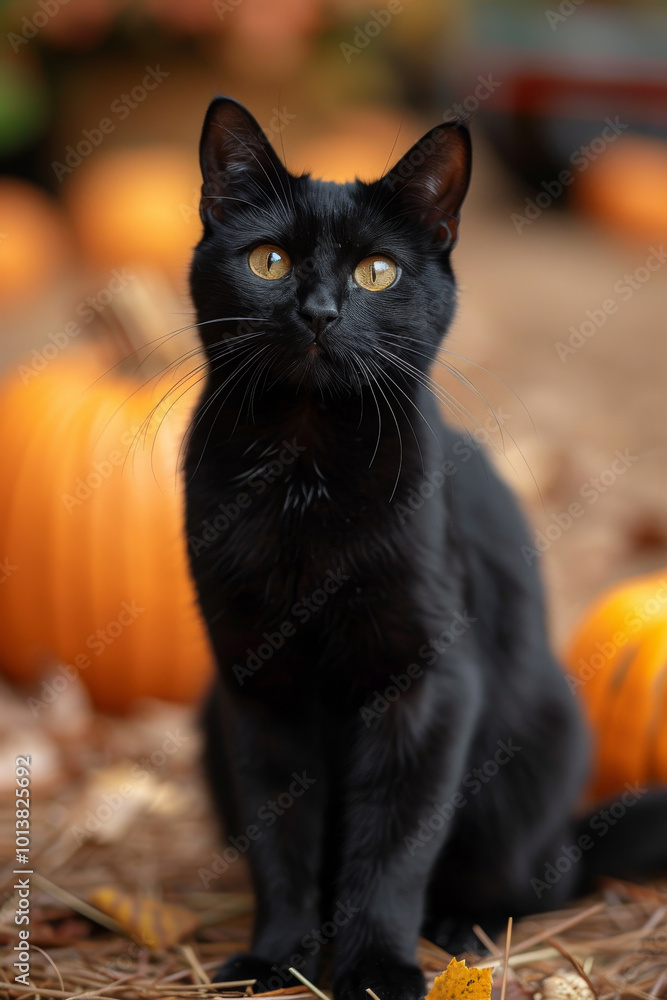 A black cat is standing in front of pumpkins A black cat is standing in front of pumpkins