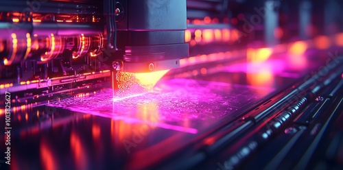 Futuristic Manufacturing Process with Neon Lights.