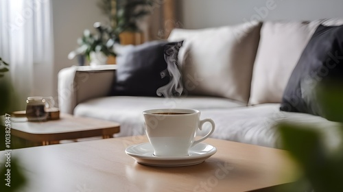 Steaming Cup of Coffee on Coffee Table in Living Room with Sofa