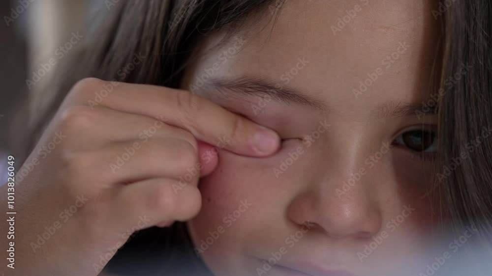 Young girl rubbing her eye with her finger, showing a moment of discomfort or itchiness, as she presses gently on the corner of her eye Young girl rubbing her eye with her finger, showing a moment of discomfort or itchiness, as she presses gently on the corner of her eye