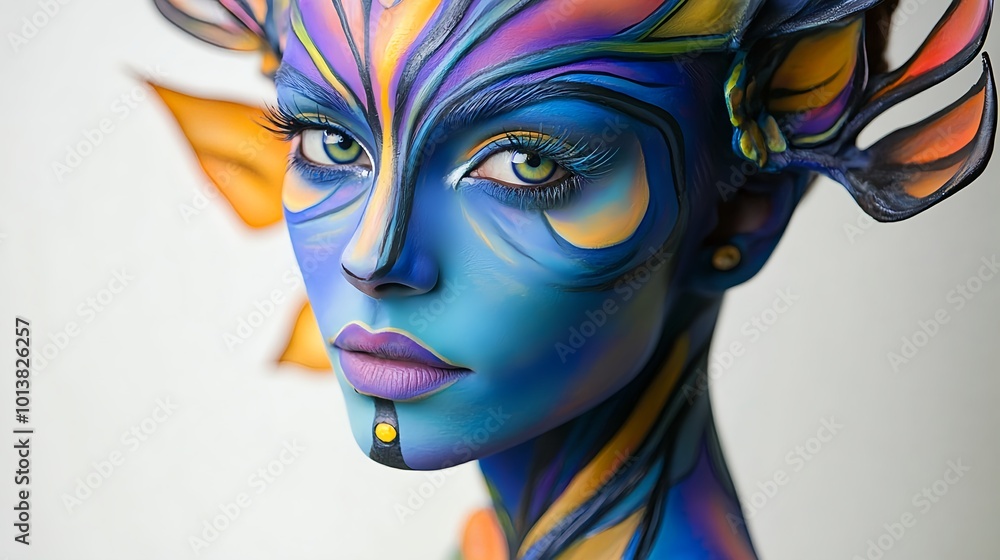 Surreal Portrait of a Woman with Fantasy Makeup and Intricate Colorful Patterns Surreal Portrait of a Woman with Fantasy Makeup and Intricate Colorful Patterns