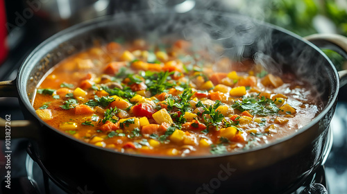 A vibrant and hearty vegetable stew simmering in a pot. The stew is filled with colorful vegetables like carrots, potatoes, and peppers, topped with fresh herbs and steaming hot, ready to serve.