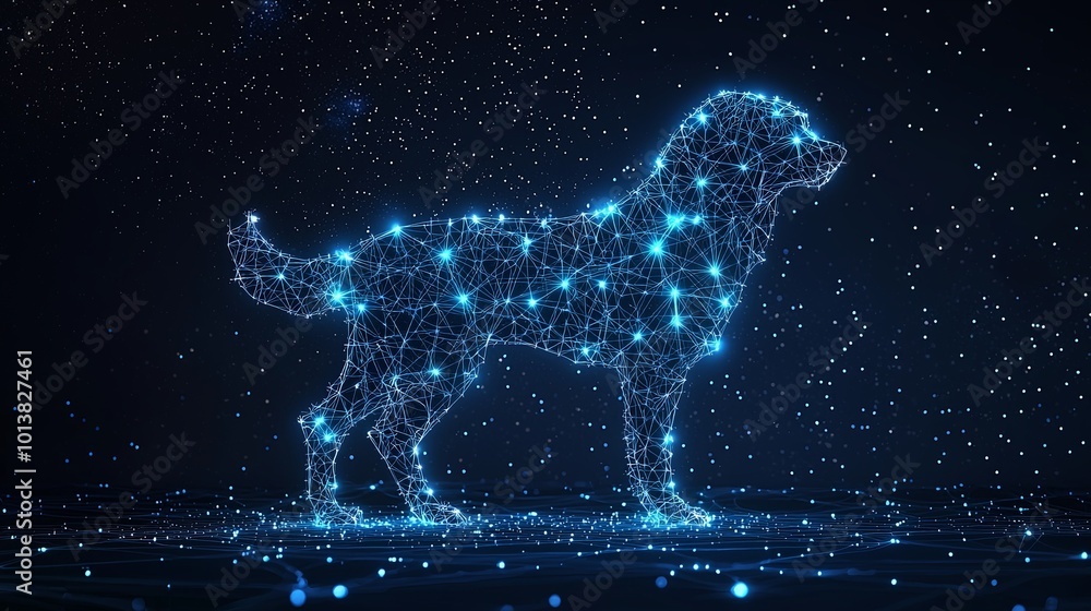 A radiant canine figure beautifully crafted from intertwining stellar nodes, floating in a boundless star-speckled cosmos, merging mysticism with artistry and emotion.