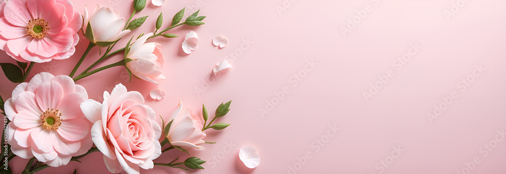 Fototapeta premium Beautiful floral spring banner for Mother's Day, March 8th. Pink flower frame
