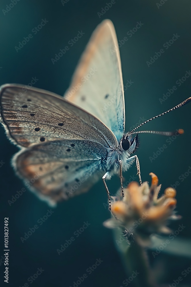 Obraz premium Close up of a delicate butterfly on a flower with blurred green background