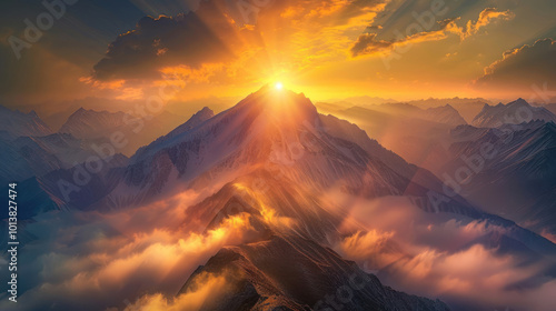 A sacred mountain scene with mist rising from the valleys and the sun illuminating the peaks