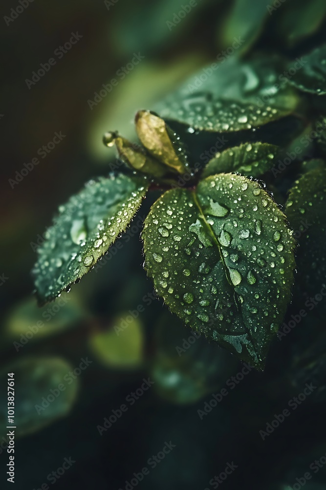 Close up of green leaves with dew drops after rain Close up of green leaves with dew drops after rain