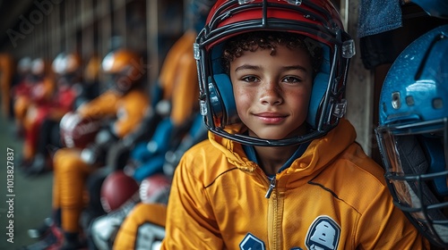 Young Football Player in Yellow Jersey and Red Helmet photo