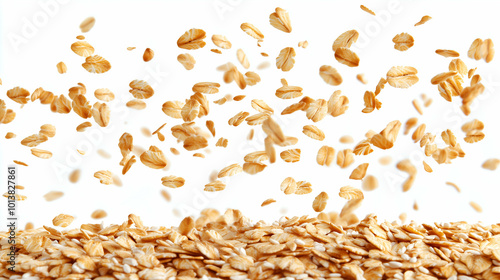 Falling Oats in Motion Against White Background - A dynamic capture of oat flakes falling through the air with a pile of oats beneath them.