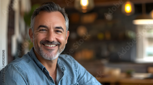 Middle-aged man smiling in a rustic modern setting.