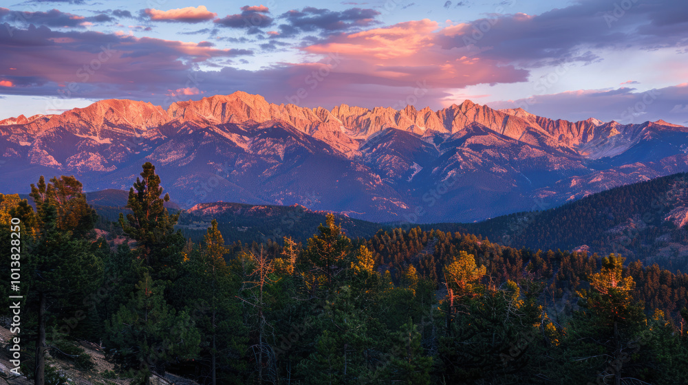 Obraz premium A scenic mountain range at sunrise, the peaks illuminated by the golden light, surrounded by pine forests