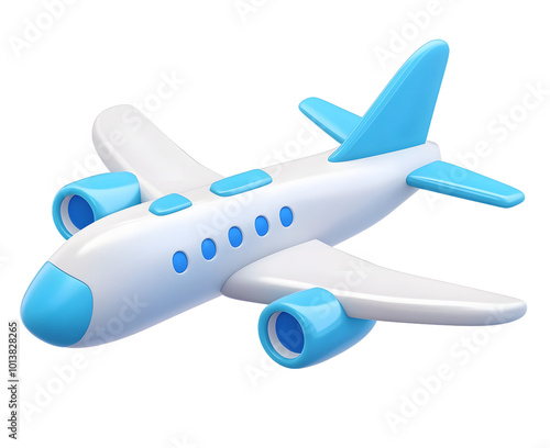 Flying plane icon. Cute, cartoon 3d realistic white airplane with blue portholes and wings, perspective view