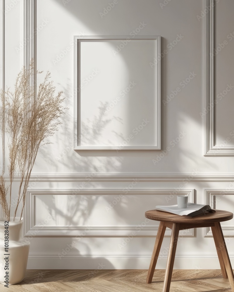 Fototapeta premium A sophisticated interior with a framed canvas casting soft shadows, harmonized by classical wall paneling and decor.
