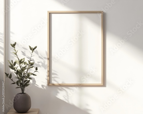 An airy living space with a wooden framed canvas and a plant, bathed in warm sunlight, epitomizing minimalistic beauty.